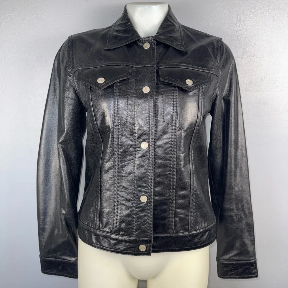 GUESS Jacket‎ Women’s S Black Genuine Leather 5-Snap Button Front Trucker *READ